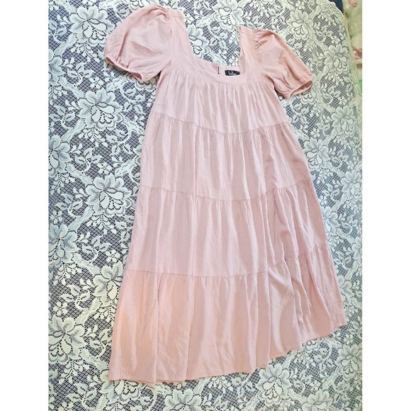 Lulus Dress Size S Blush Pink Tiered Midi Puff Short Sleeves Square Neckline - Picture 2 of 8